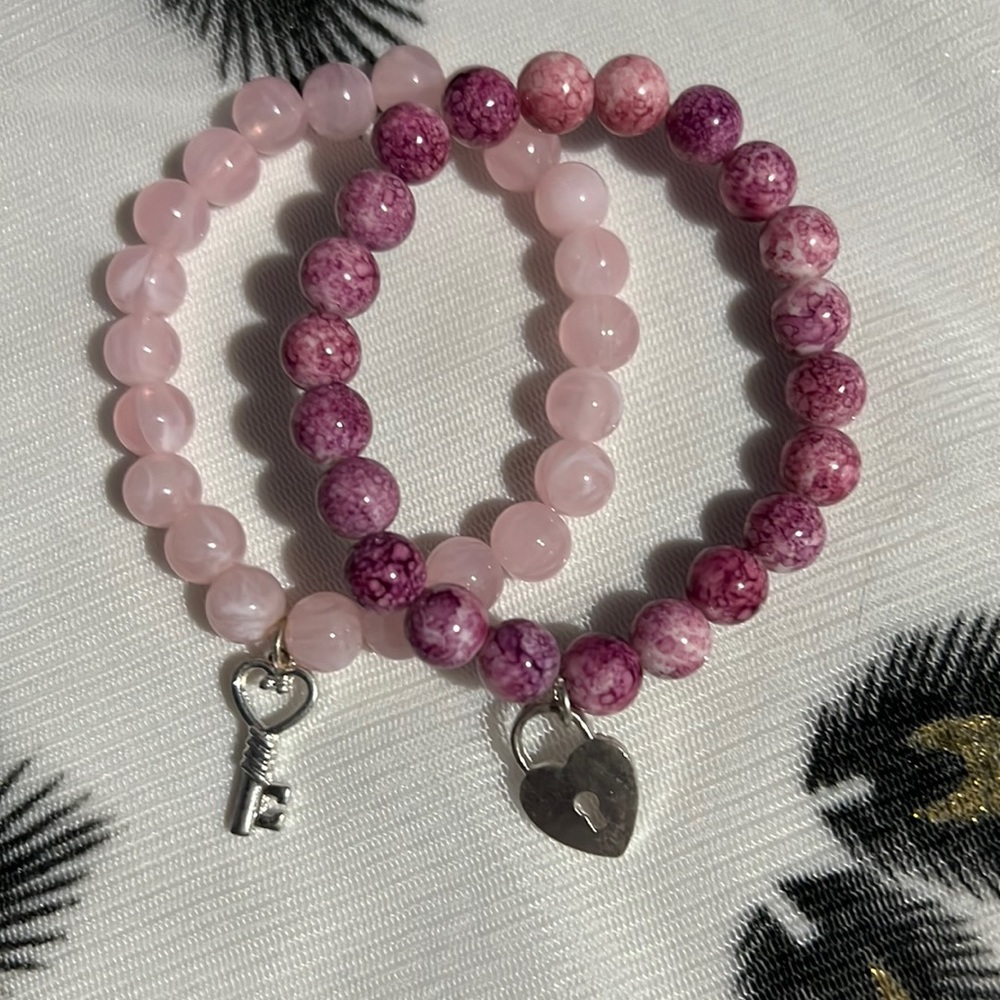 Rose Quartz and lavender beaded key to my heart bracelet